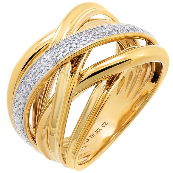 QVC Diamonique X Jennifer Miller Criss-Cross Ring Gold Plated Size 7 NEW! - Picture 1 of 3